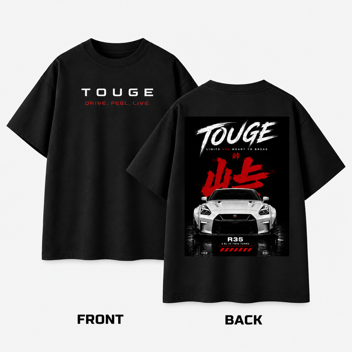 Camiseta Nissan GT-R R35 JDM de TOUGE vista frontal y trasera