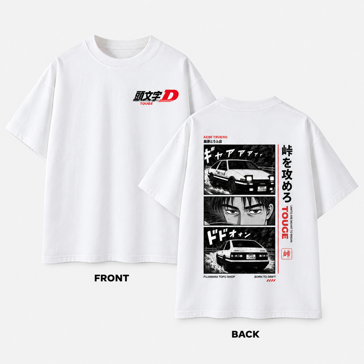 Camiseta Toyota AE86 Trueno JDM de TOUGE vista frontal y trasera
