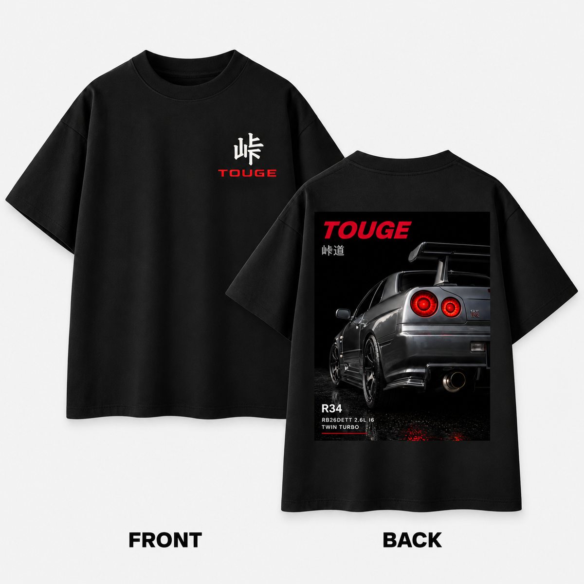 Camiseta Nissan Skyline GT-R R34 Redline de TOUGE vista frontal y trasera